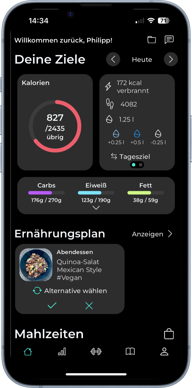 App home screen with daily targets: calories, macros, activity and meal plan