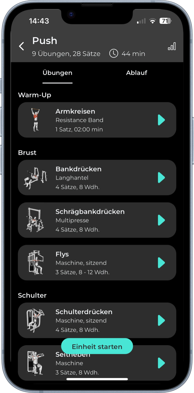 Training session in the app: push workout with exercises, sets and reps